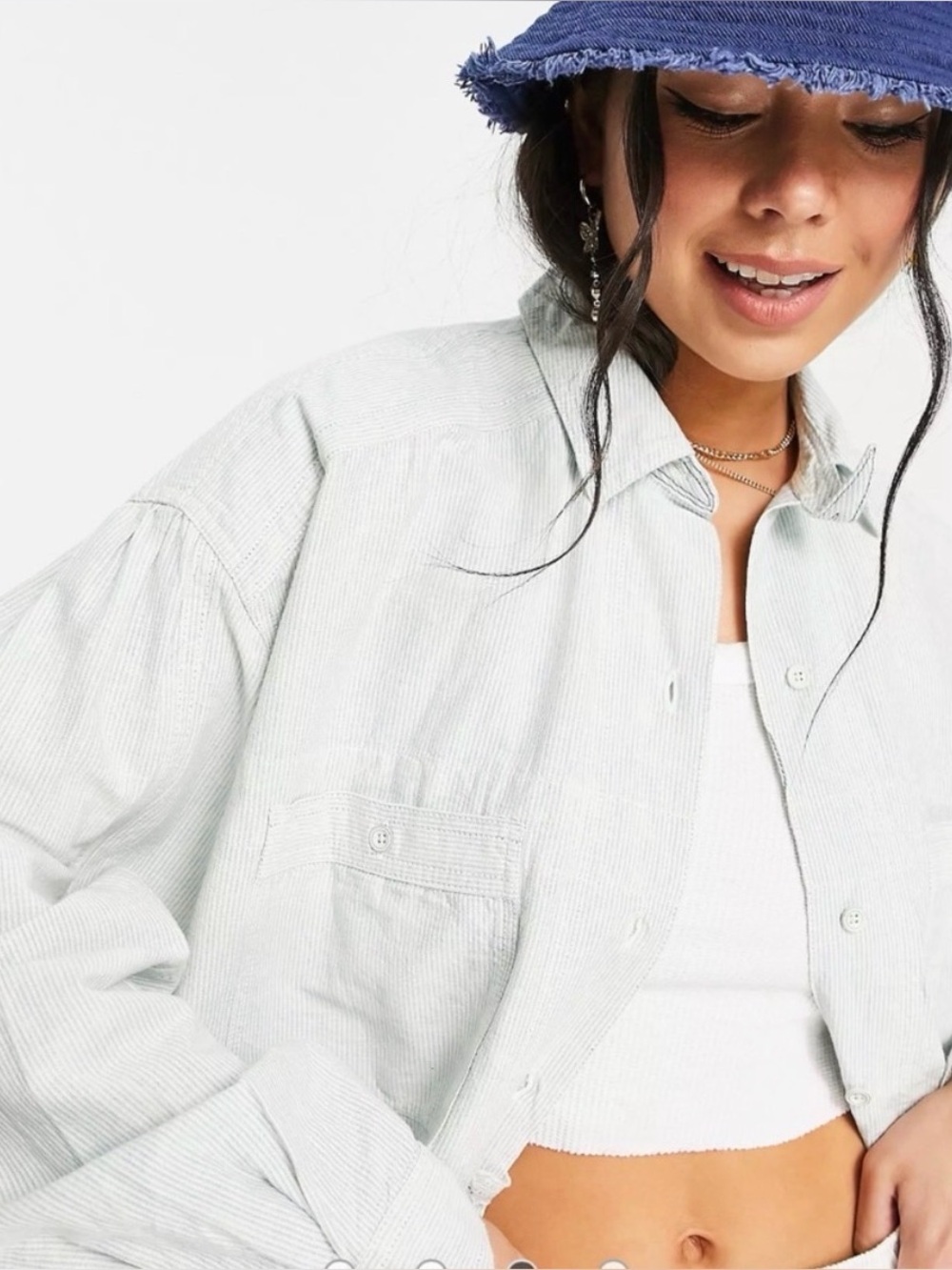 🔥 Free People Cardiff Buttondown Shirt Jacket in Indigo Stripe - Size Large